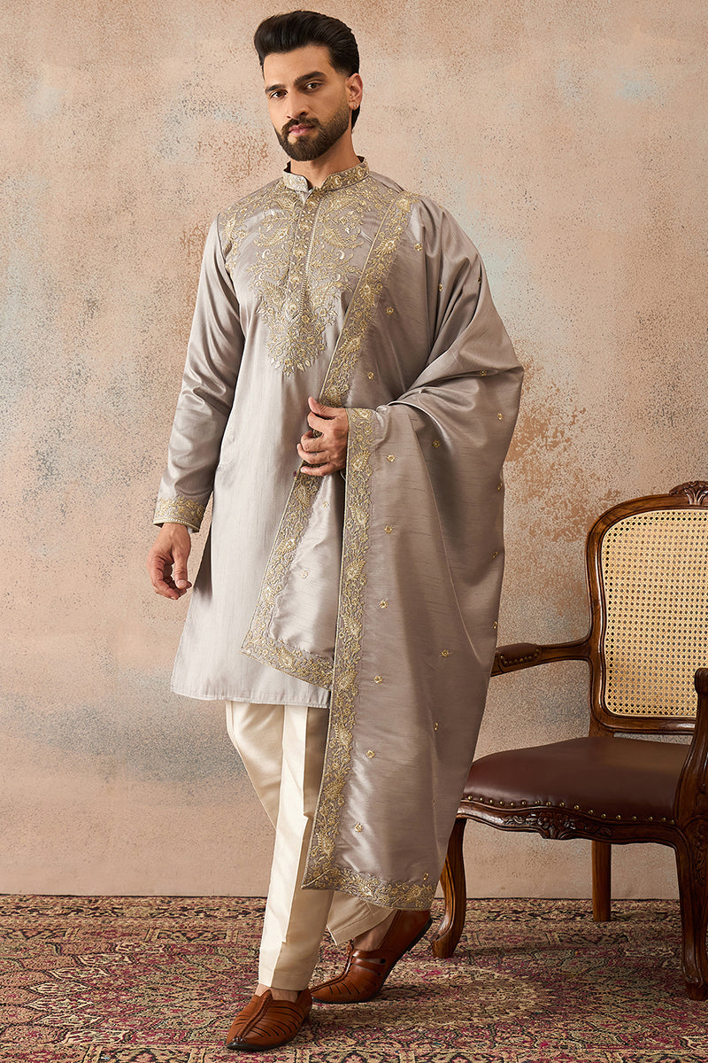 Men Grey Silk Blend Embroidered Ethnic Kurta with Dupatta