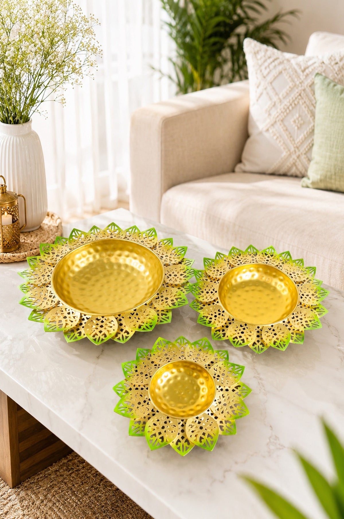 decorative lotus metal urli bowl set for floating flowers candles designer festival entrance decor set of 3 blue gold copy