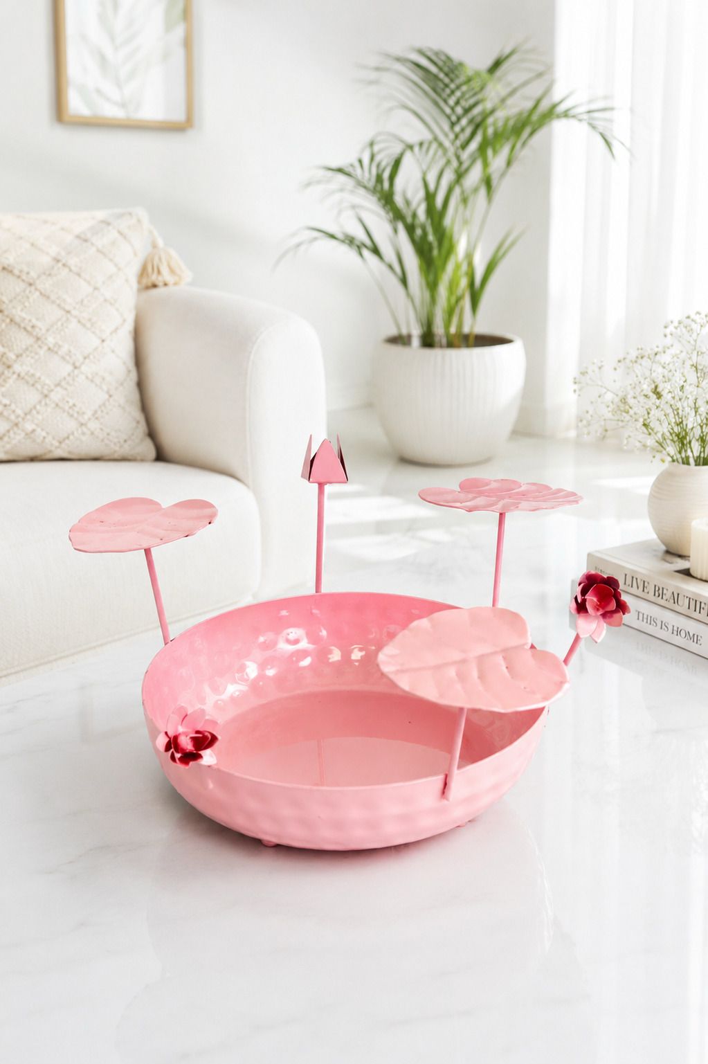 galvanized metal urli bowl for floating flowers candles decorative urli with lotus stems for home festival decor pink