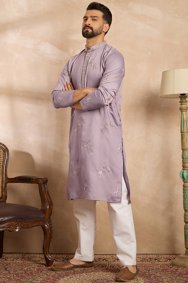 Lavender Silk Blend Solid Embroidered Straight Kurta With Trouser