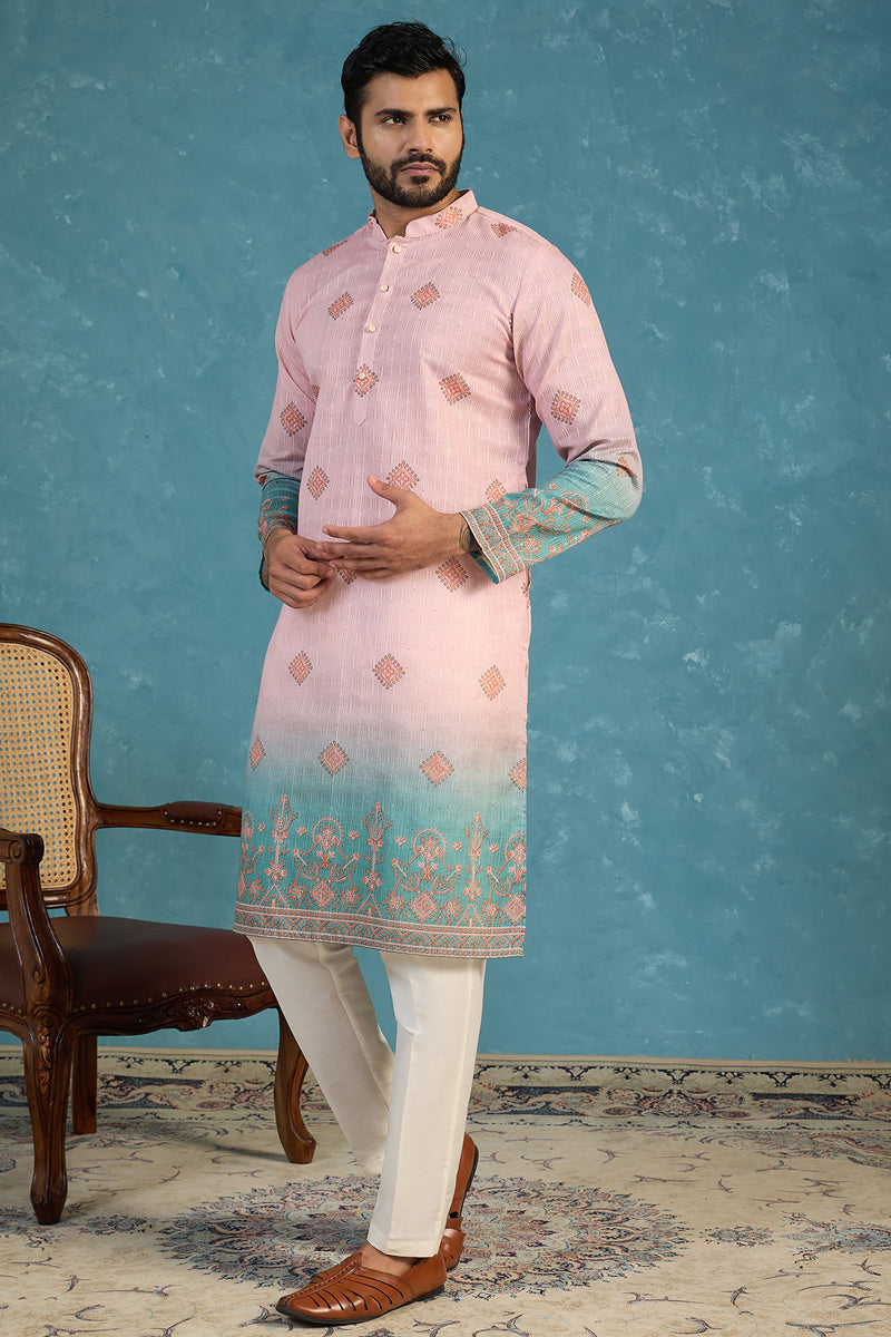 Mens Peach Silk Blend Woven Design Calf Length Straight Regular Kurta