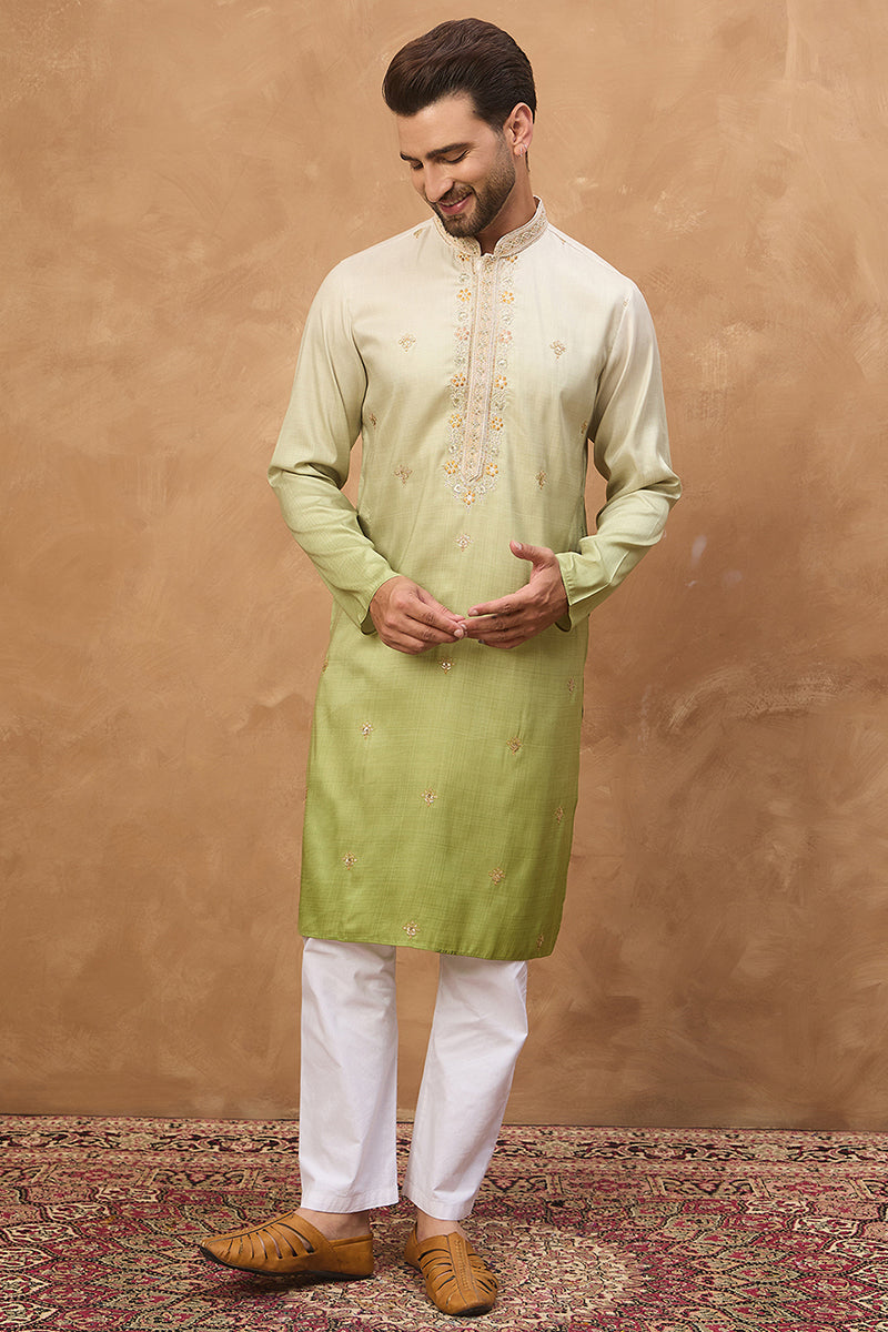 Green Silk Blend Solid Embroidered Straight Kurta MKU1488