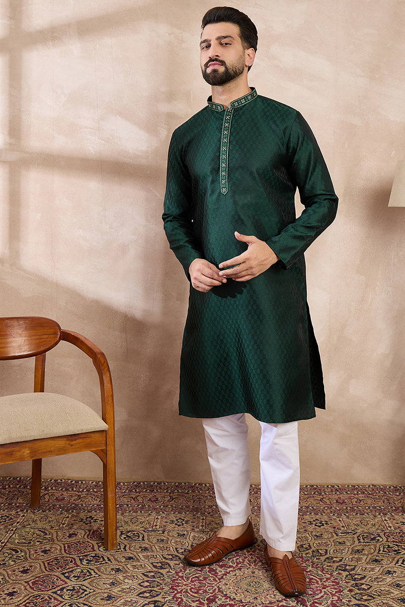 Green Silk Blend Solid Woven Design Straight Kurta With Trouser