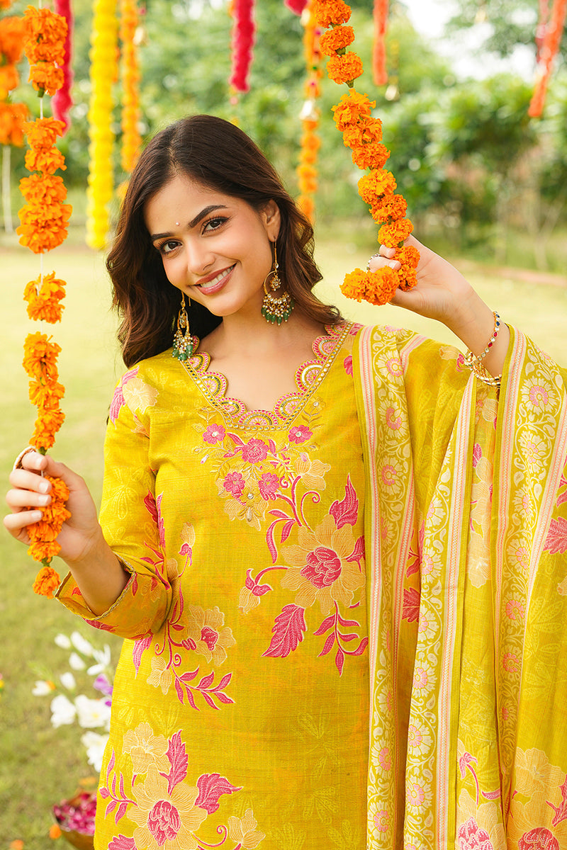 yellow viscose rayon floral embroidered straight kurta trousers with dupatta pkskd3052