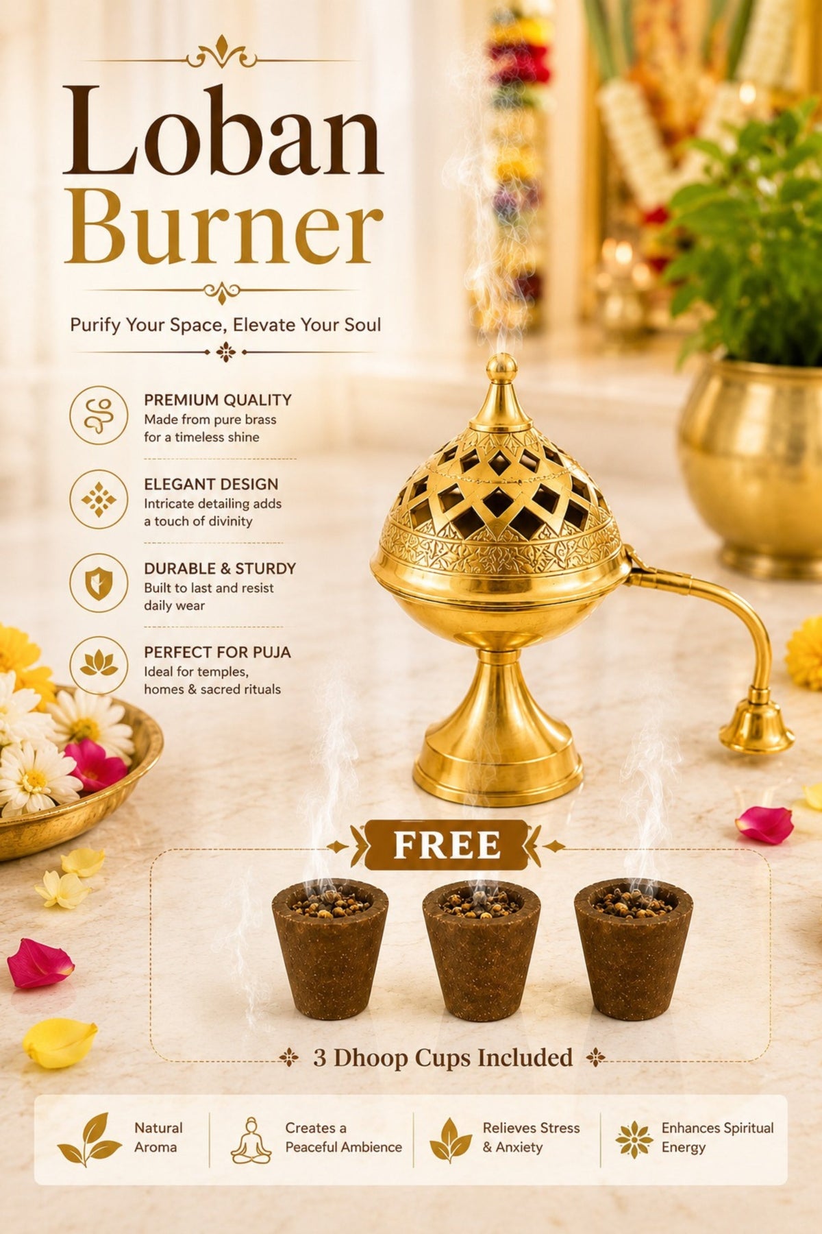 premium brass loban burner with handle handcrafted brass dhoop dani for loban sambrani cups bakhoor resin incense dhoop hinged lid pooja incense burner for home temple meditation gifting