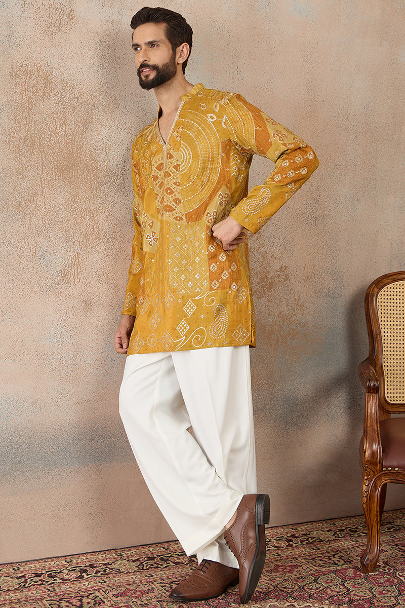 Mens Mustard Silk Blend Ethnic Motifs Embroidered Kurta With Trouser