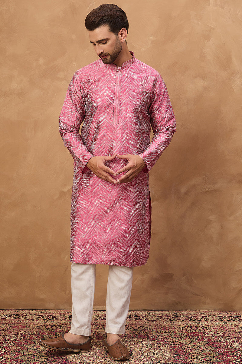 pink silk blend geometric printed straight kurta