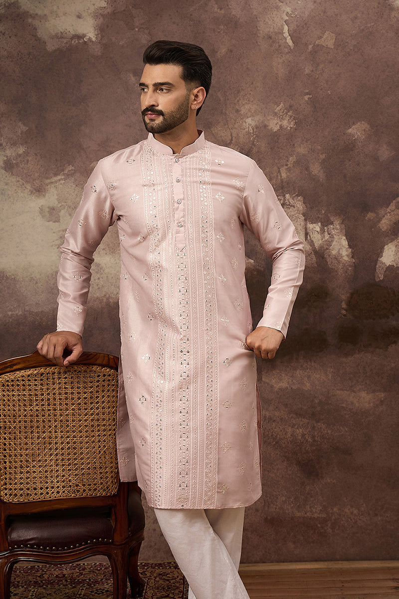 Pink Silk Blend Solid Embroidered Straight Kurta With Pant Set