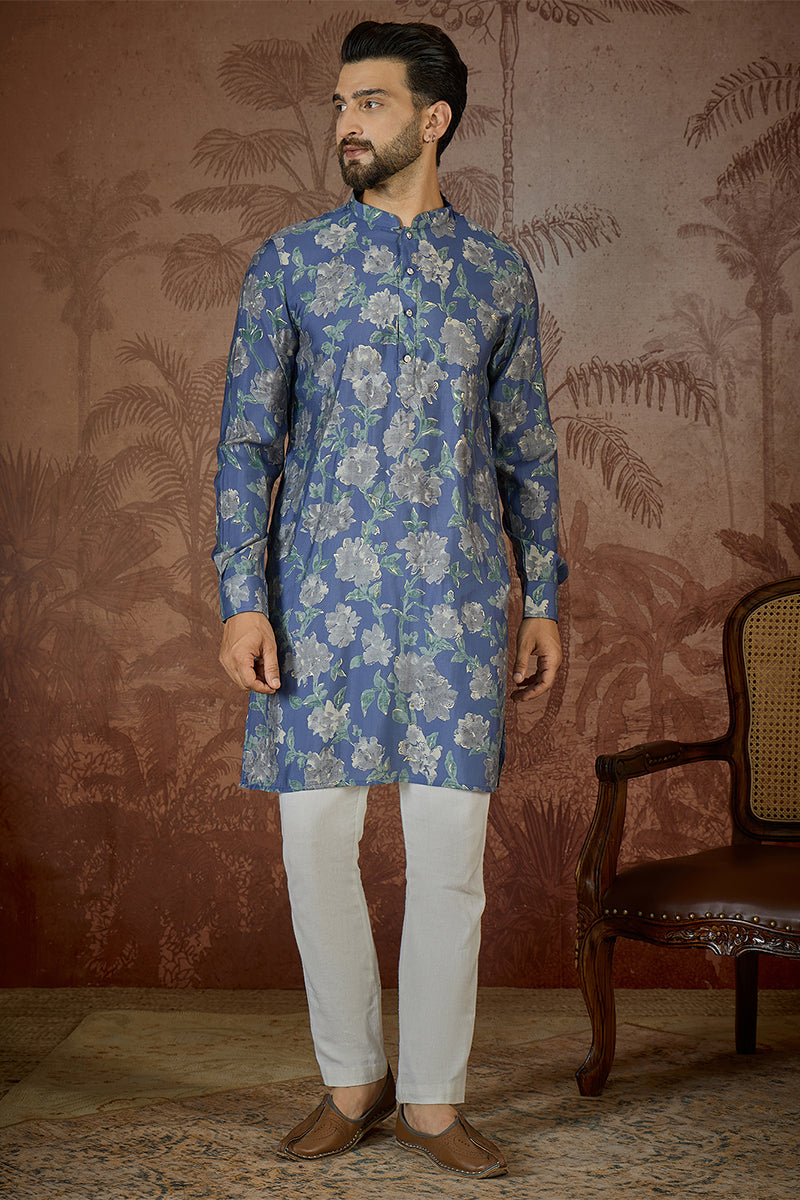 Mens Blue Silk Blend Floral Printed Kurta With Trouser
