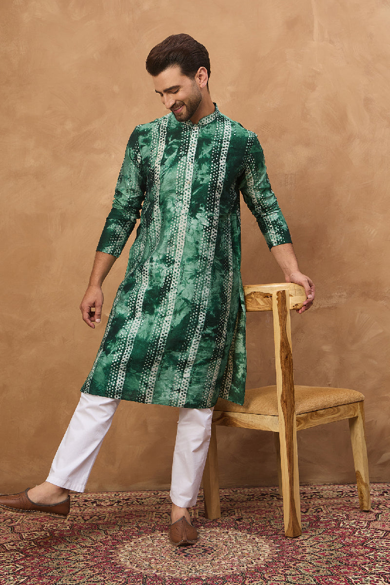 green silk blend shibori embroidered straight kurta