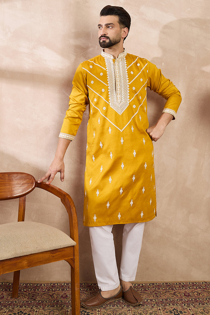 Yellow Silk Blend Ethnic Motifs Embroidered Straight Kurta With Trouser