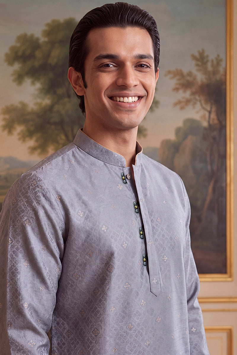 Mens Grey Jacquard Ethnic Motifs Woven Design Kurta With Trouser