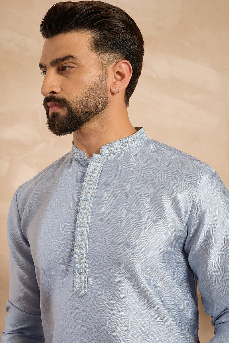Blue Polyester Solid Embroidered Straight Kurta With Trouser MKSET1841