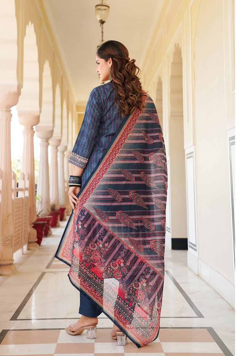 blue rayon blend ethnic motifs printed straight kurta trouser with dupatta 