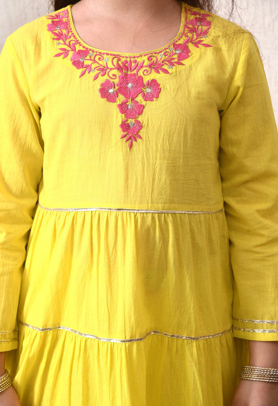 Indi Loom Couture Girls Lime Green Embroidered Tiered Kurta with Pants & Dupatta Set ILKSD74