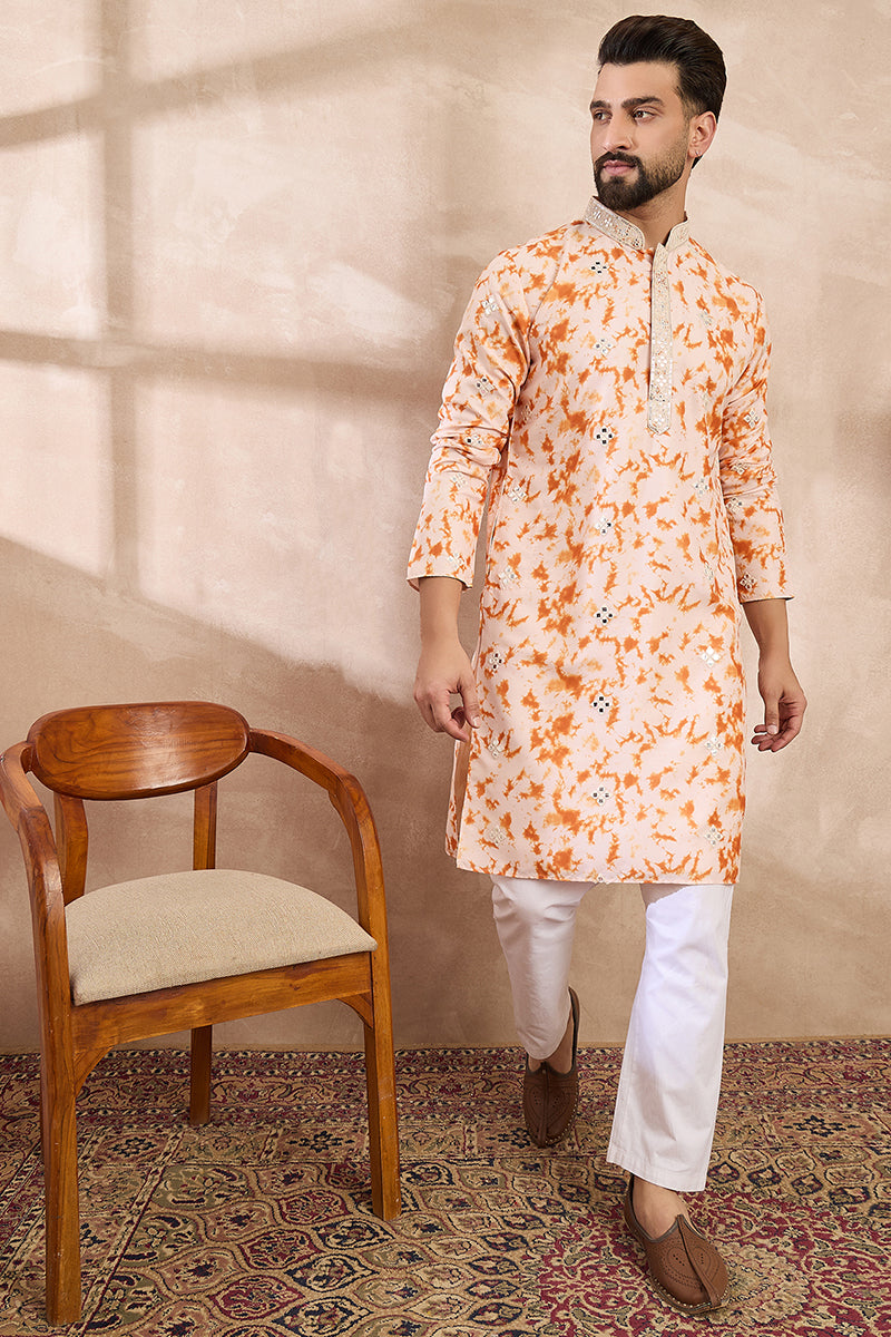 Orange Silk Blend Solid Embroidered Straight Kurta With Trouser