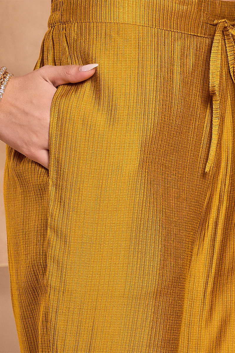 mustard silk blend floral printed straight kurta trouser with dupatta