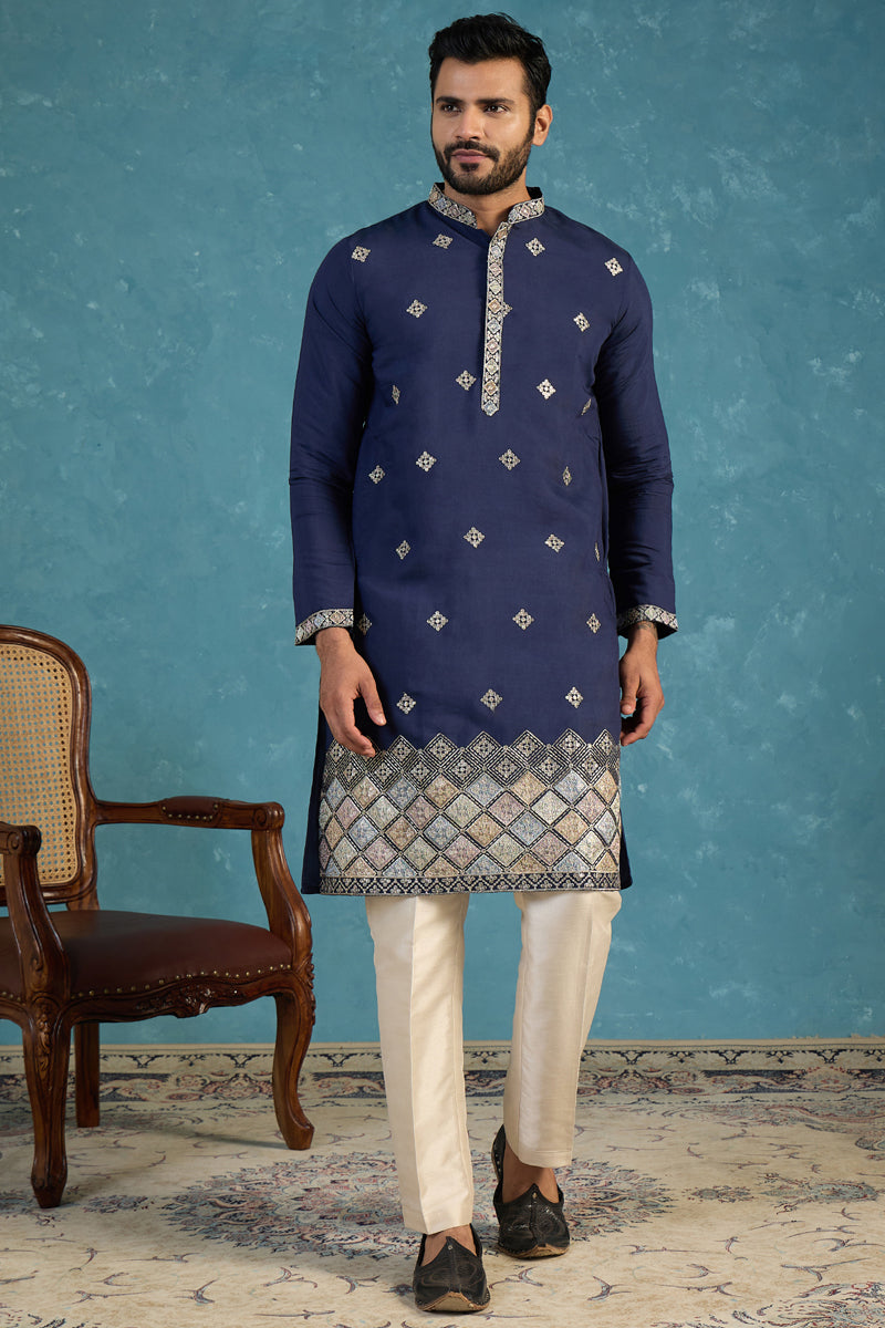 Silk Blend Blue Solid Embroidered Calf Length Straight Kurta With Trousers