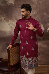 maroon silk blend solid embroidered straight kurta with trouser