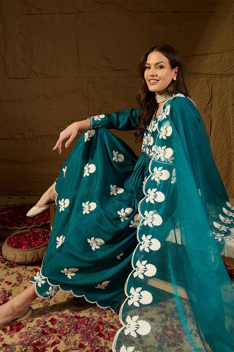 teal silk blend solid embroidered a line kurta trouser with dupatta 