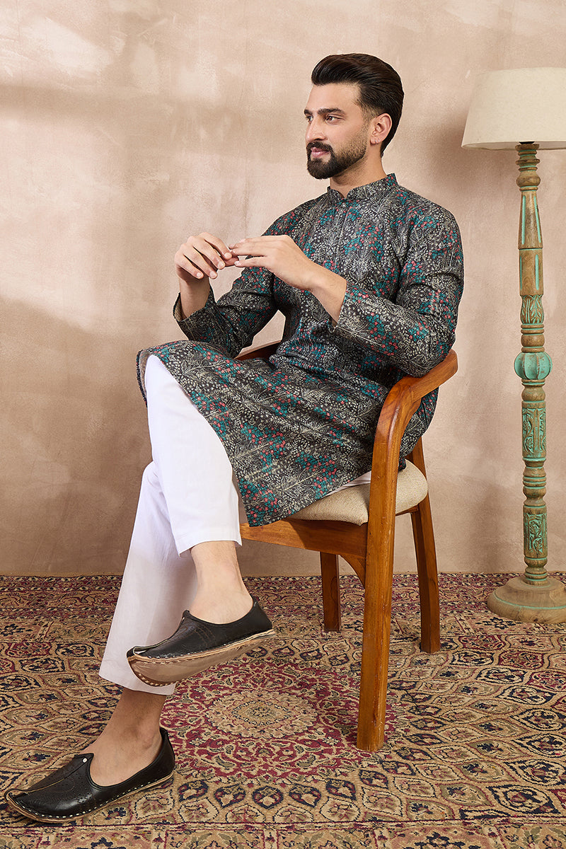 Black Silk Blend Floral Printed Straight Kurta