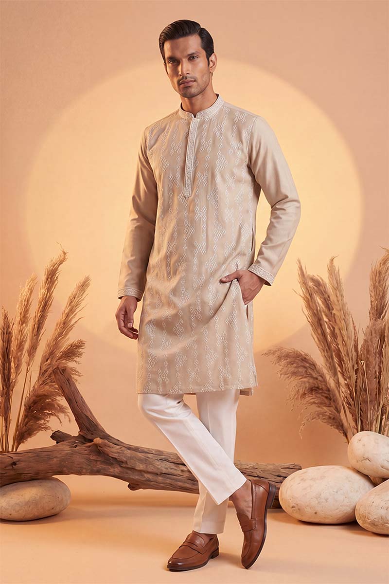 Mens Beige Silk Blend Solid Embroidered Kurta With Trousers