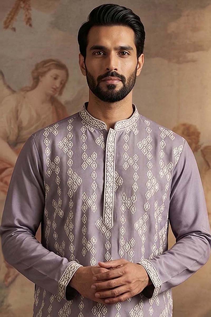 Silk Blend Lavender Solid Embroidered Calf Length Straight Kurta