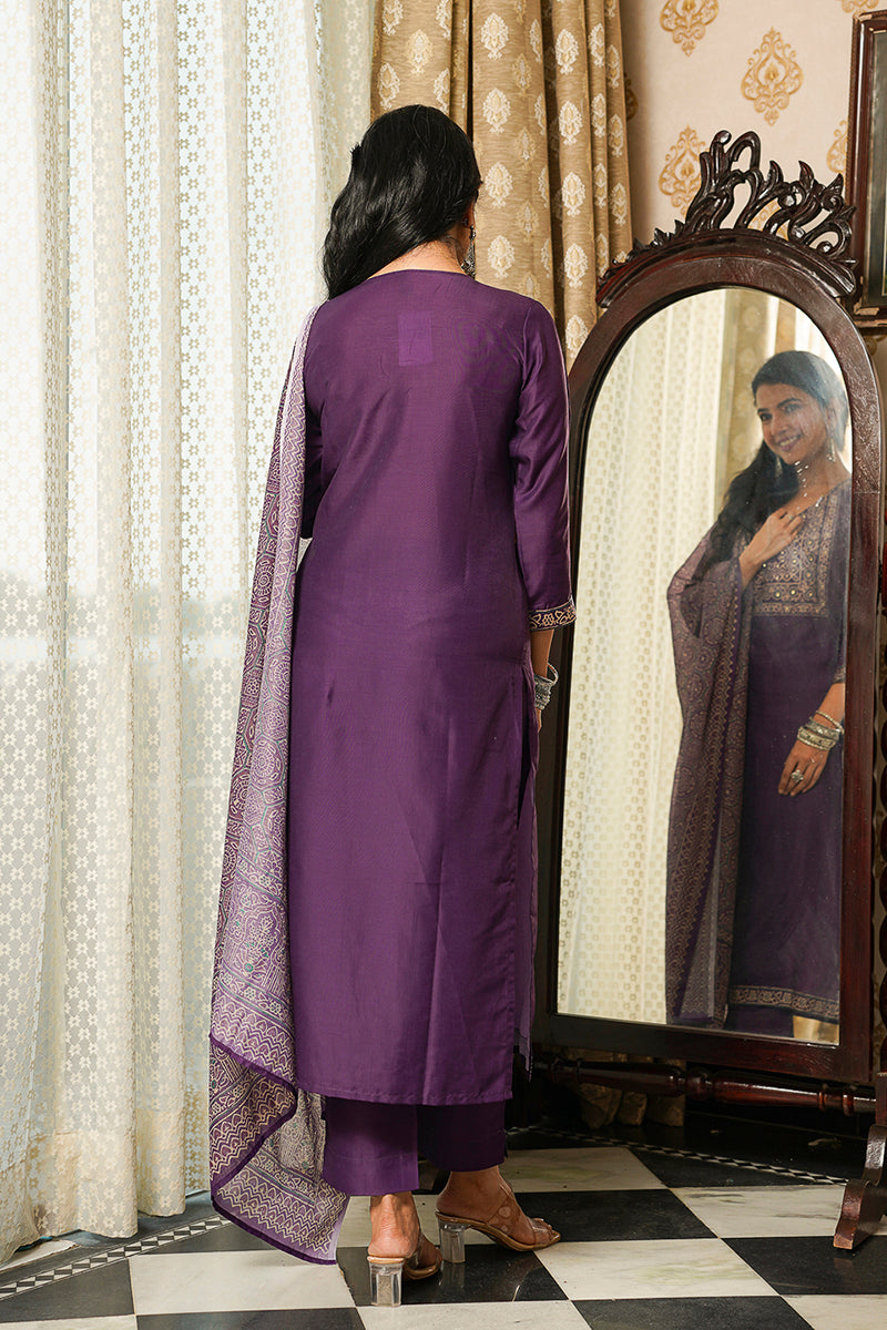 purple rayon blend ajrakh printed straight kurta trousers with dupatta 