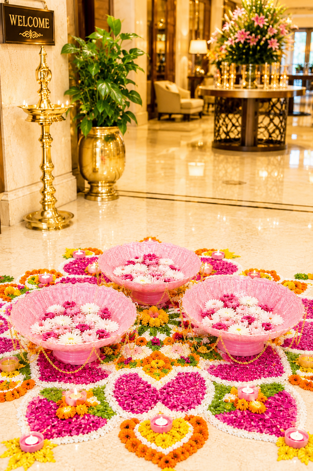 premium pink lotus urli bowl set of 3 with decorative chain handcrafted metal floating flower bowls for water candles tea lights decorative urli for diwali wedding pooja home decor