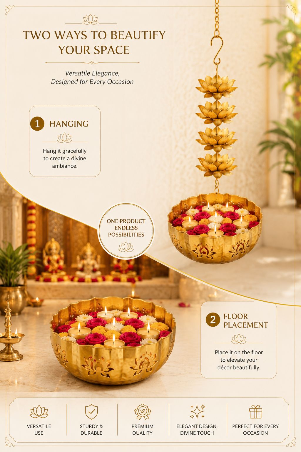 premium hanging lotus urli bowl decorative metal hanging flower urli for floating flowers water candles traditional hanging urli for diwali pooja wedding home decoration