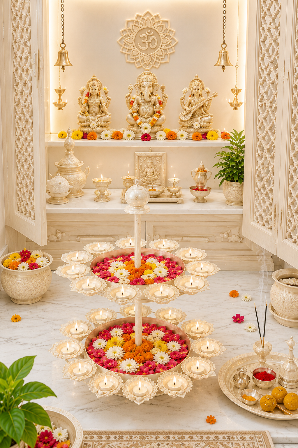premium dual layer urli bowl with 24 tea light holders decorative metal floating flower stand antique gold ivory finish for diwali pooja weddings festivals home decor