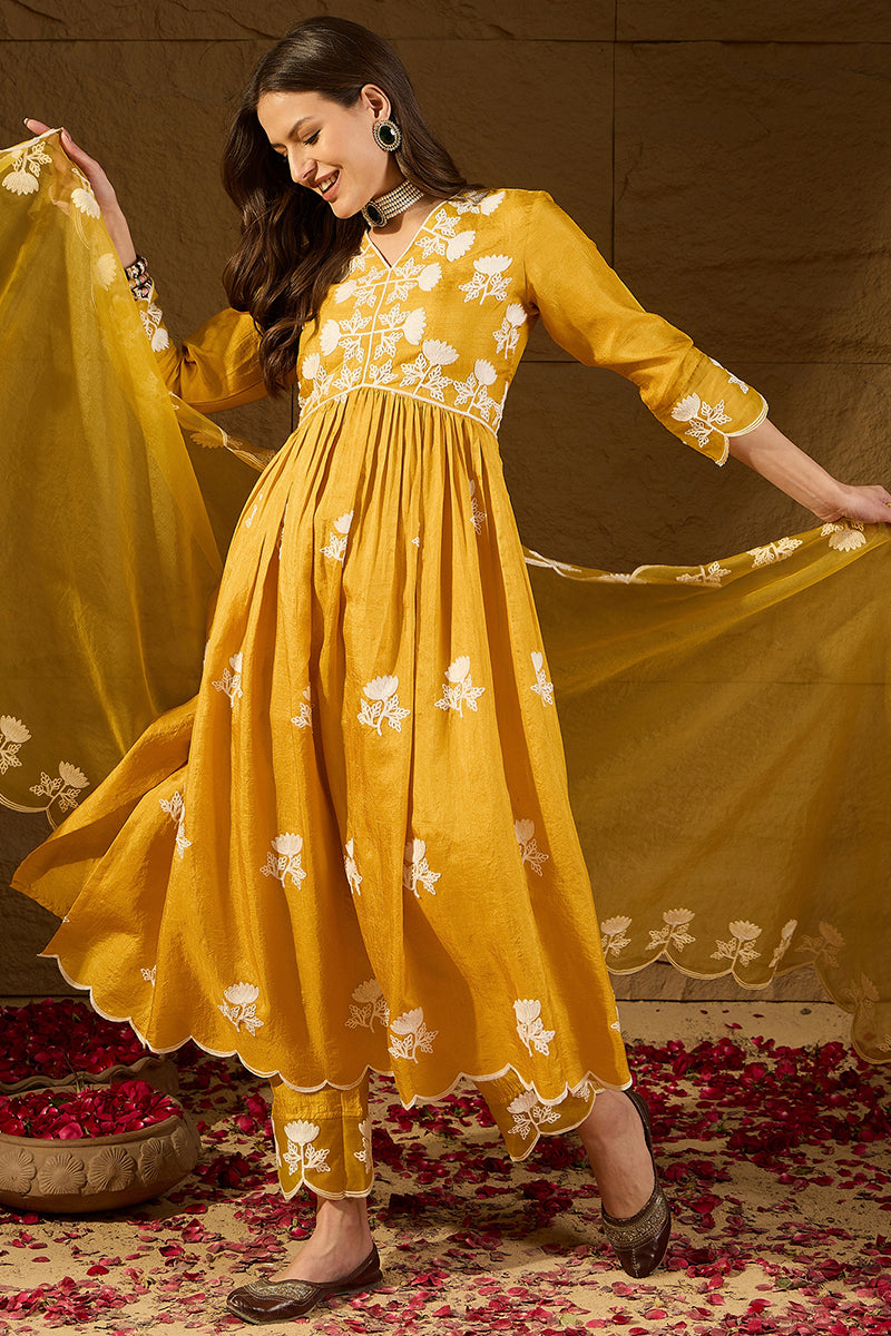 yellow silk blend solid embroidered a line kurta trouser with dupatta