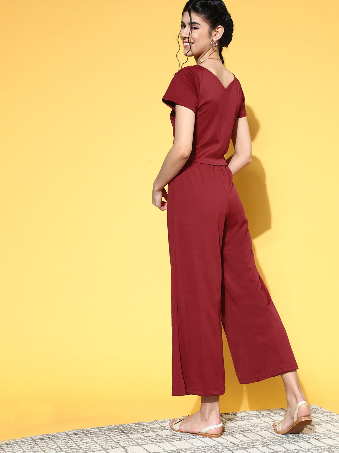 athena women charming maroon solid top with palazzos