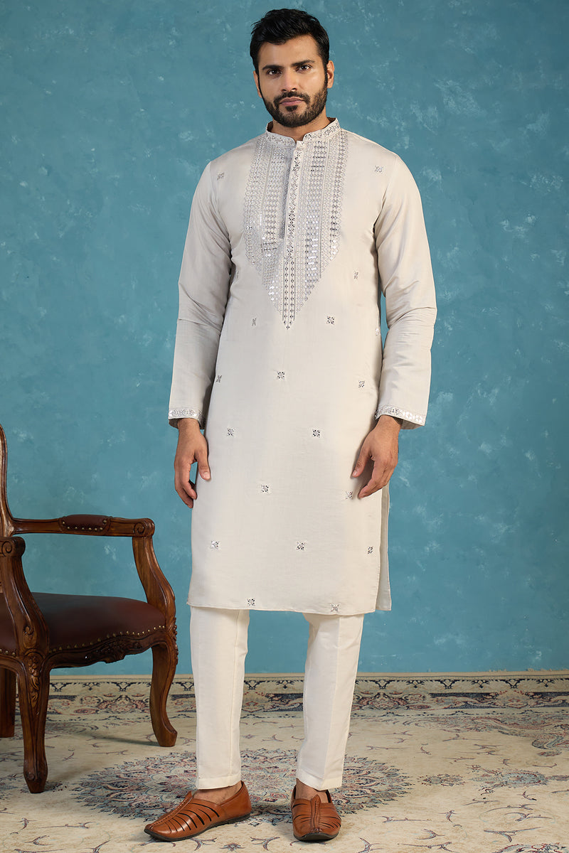 Mens Grey Silk Blend Solid Emboidered Sequins Kurta