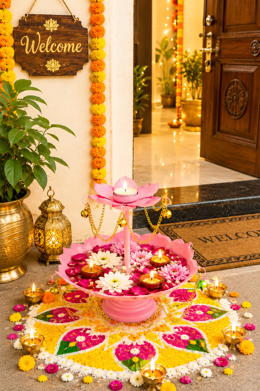 pink metal urli bowl with diya stand hanging chain design for floating flowers candles decorative centerpiece for diwali wedding home decor festive gifting