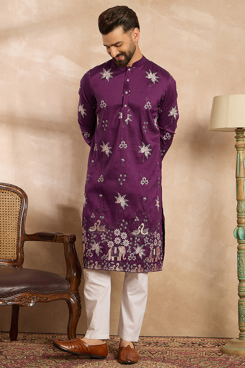 Purple Polyester Solid Embroidered Straight Kurta With Trouser
