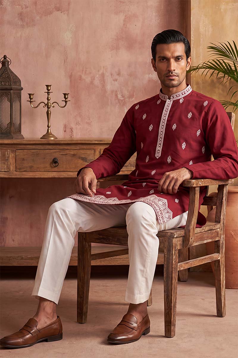 Silk Blend Maroon Solid Embroidered Calf Length Straight Kurta With Trousers