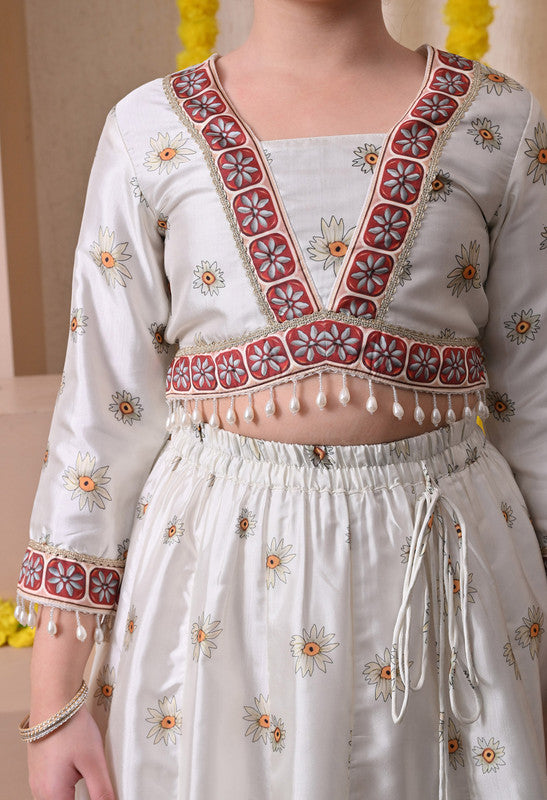 Indi Loom Couture Girls Off White Floral Printed Lehenga Choli with Net Dupatta ILLCD38