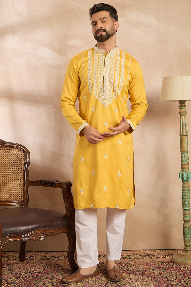 Yellow Silk Blend Geometric Embroidered Straight Kurta With Trouser