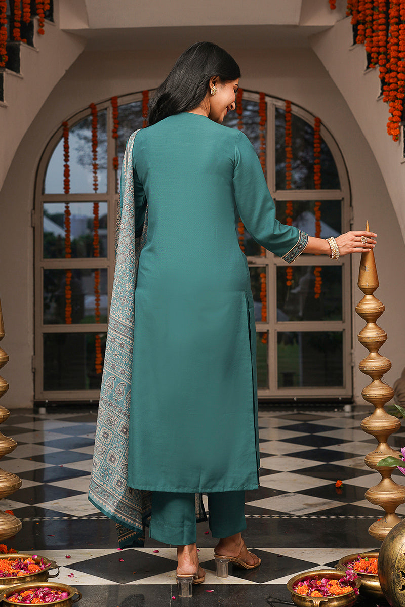 teal rayon blend ajrakh printed straight kurta trousers with dupatta pkskd3082