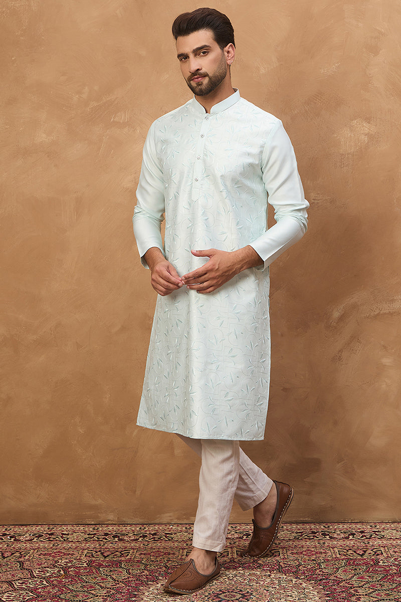Blue Silk Blend Solid Embroidered Straight Kurta