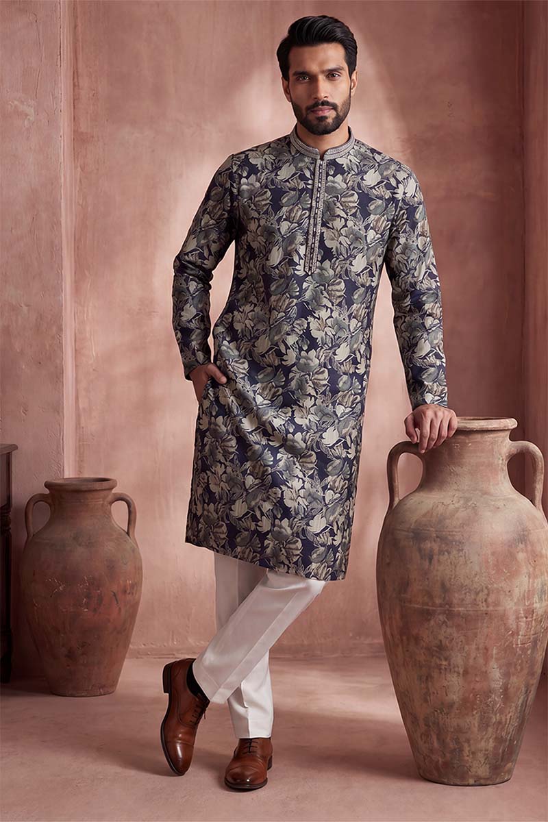Mens Blue Viscose Rayon Floral Printed Kurta With Trousers MKSET1982