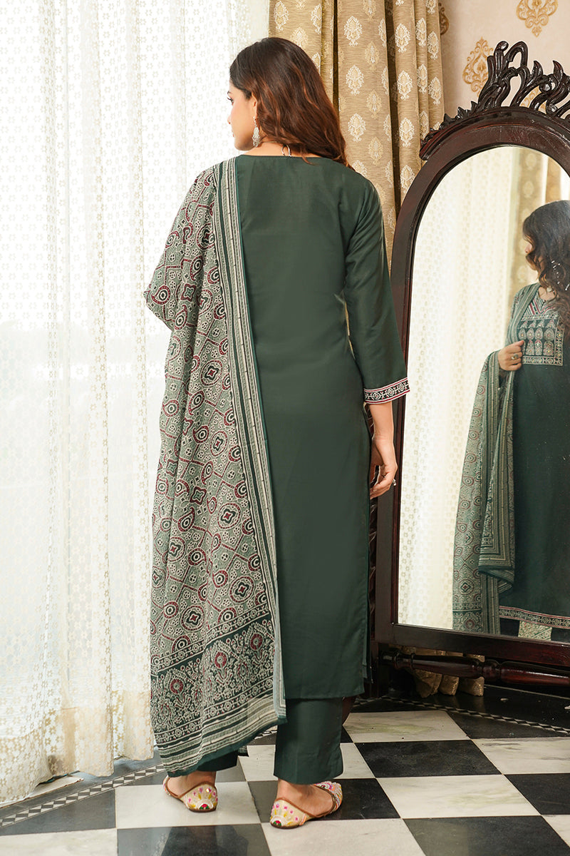 green rayon blend ajrakh printed straight kurta trousers with dupatta 