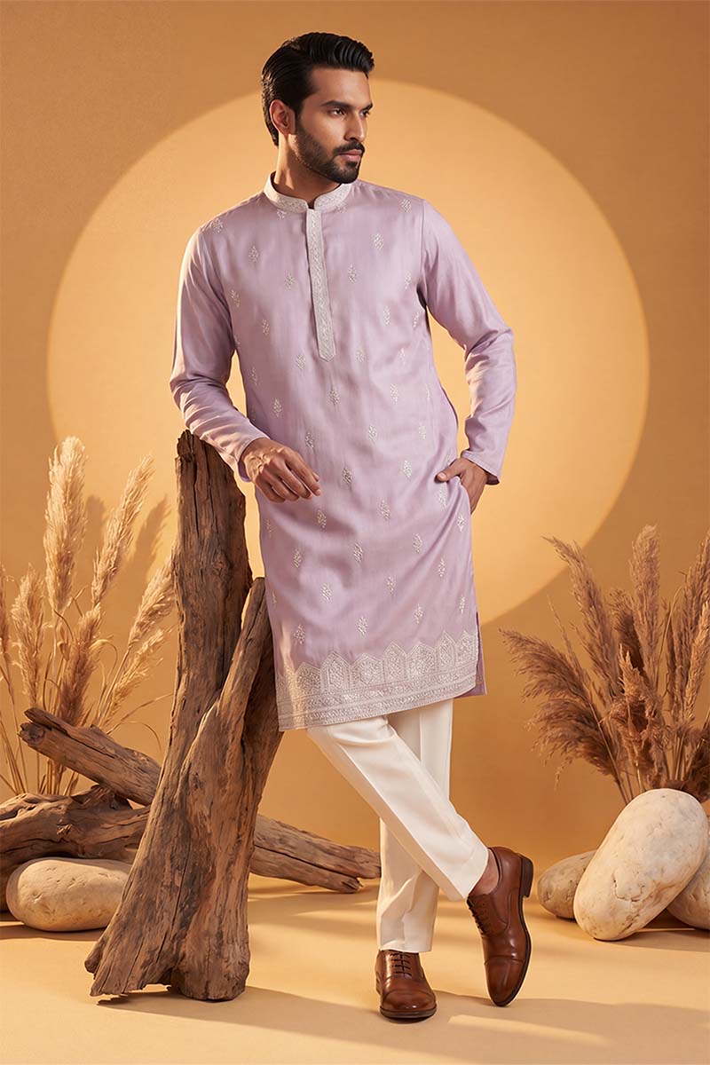 Mens Lavender Silk Blend Solid Embroidered Kurta With Trousers