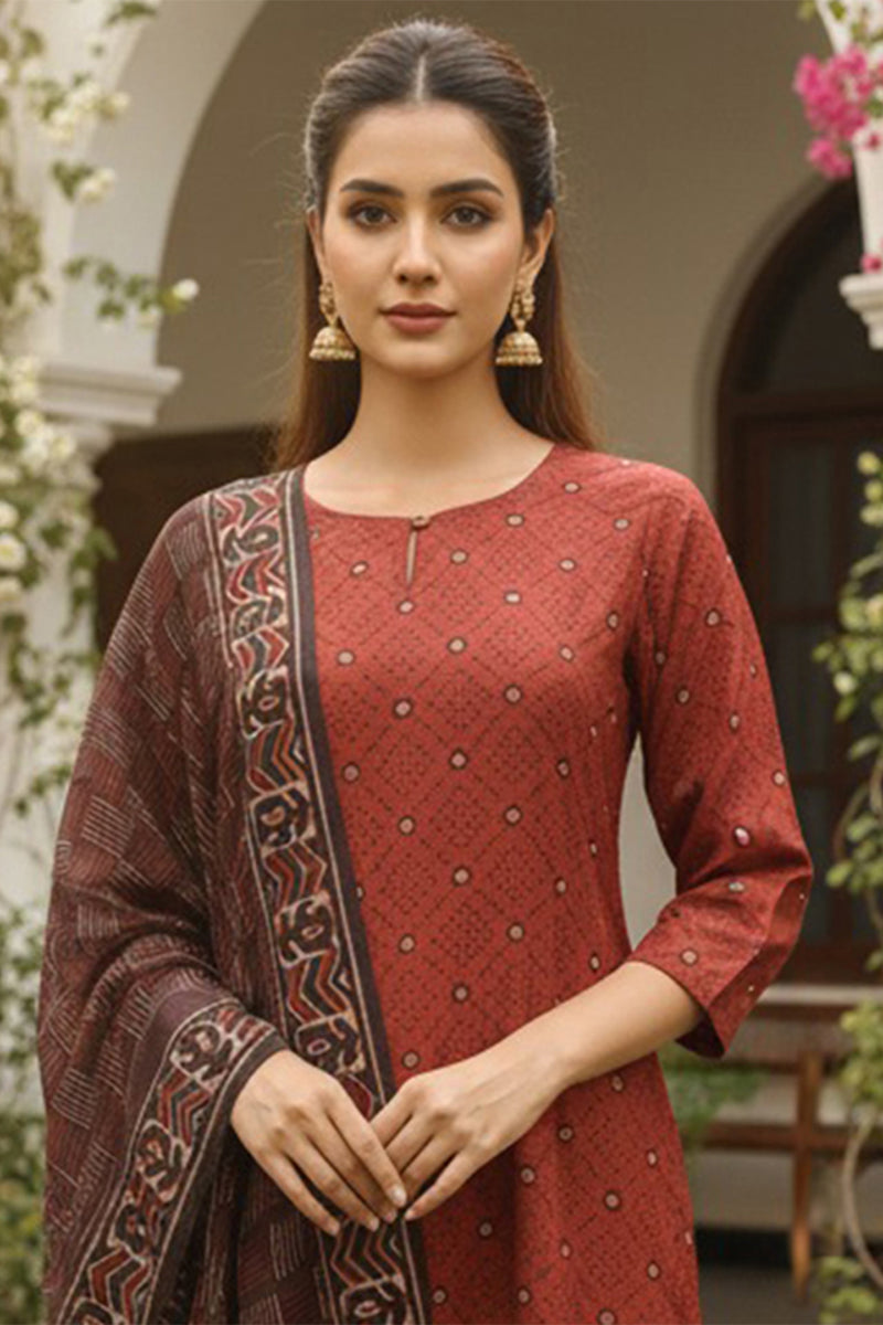 maroon rayon blend geometric printed straight kurta trousers with dupatta 