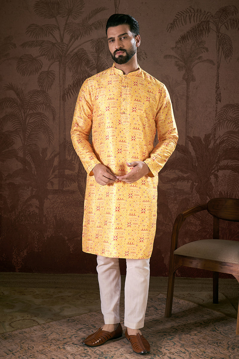 Yellow Silk Blend Ethnic Motifs Printed Straight Kurta With Trouser