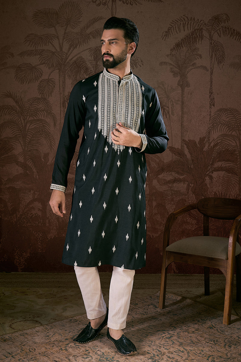 Black Silk Blend Solid Embroidered Straight Kurta