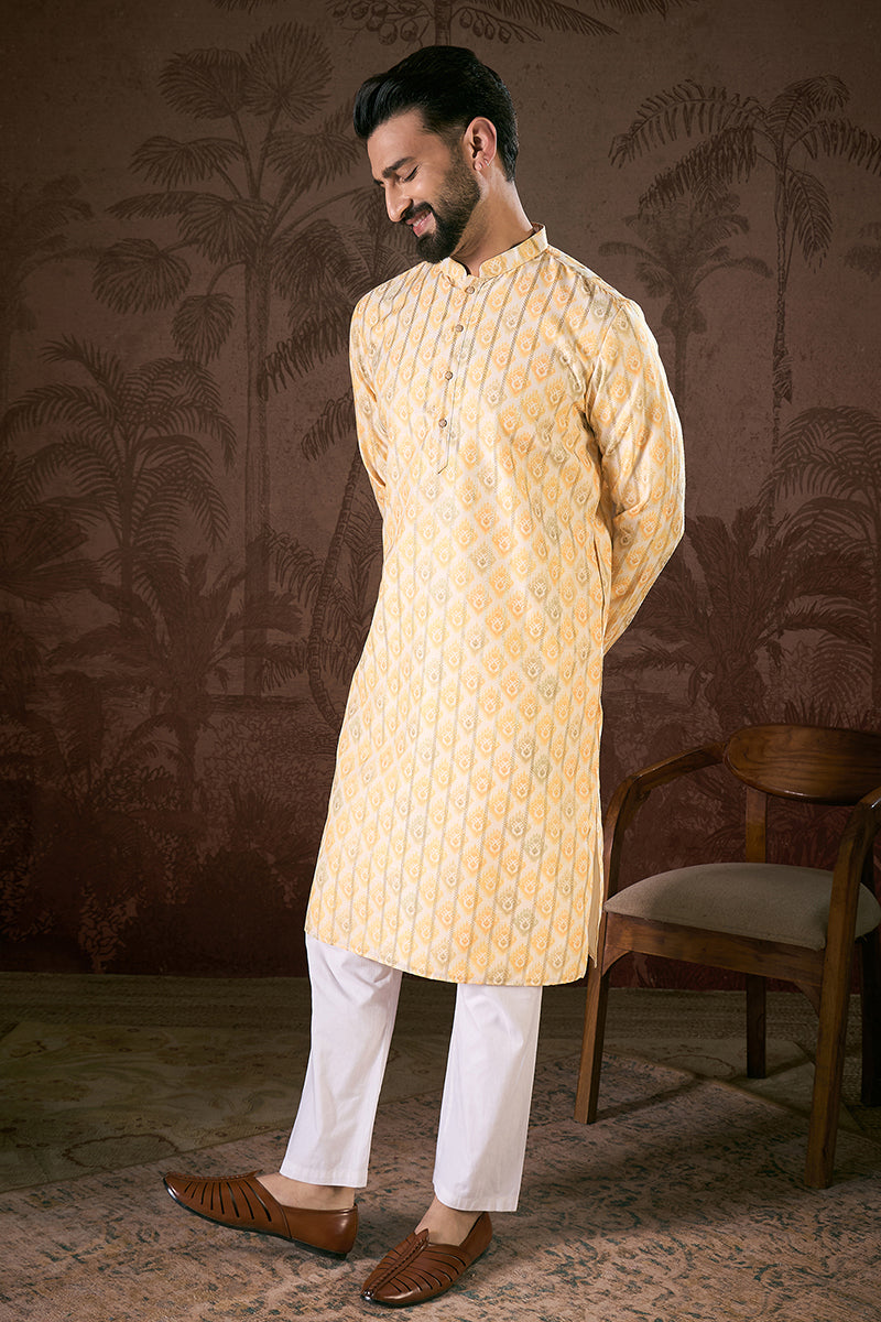 White Silk Blend Ethnic Motifs Printed Straight Kurta With Trouser