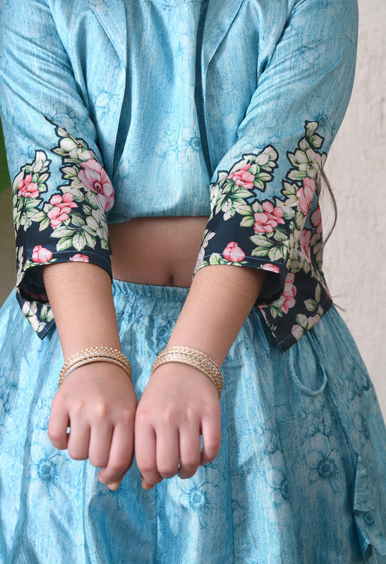 Indi Loom Couture Girls Sky Blue Floral Printed Crop Top with Jacket & Flared Skirt Co Ord Set ILLCJ48