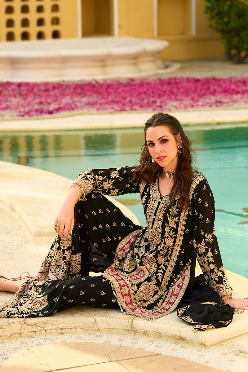 black chinon chiffon embroidered straight kurta sharara with dupatta